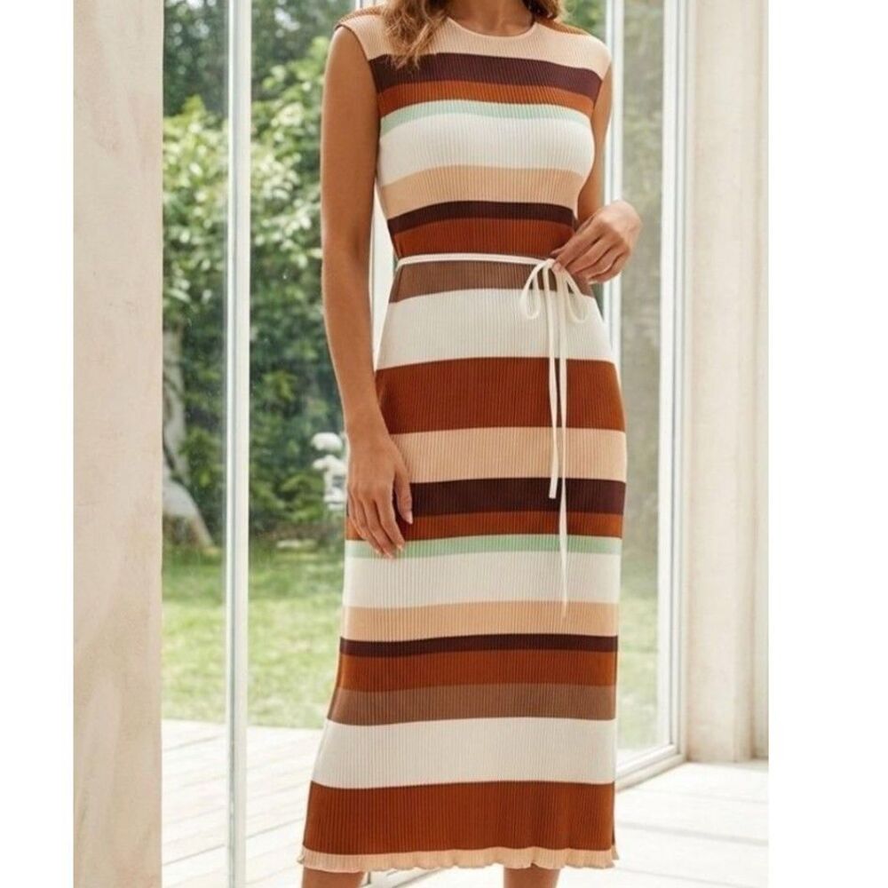 H&M Dress Striped Pleated Chiffon Sleeveless Size 4 Cream Brown Office Party - Picture 10 of 10
